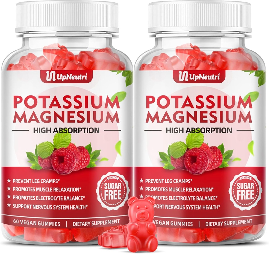 Kalium Magnesium Supplement Gummier for voksne barn, sukker-fri kalium Gummier støtter ben krammer og muskel og immune helse, høy absorpsjon Magnesium Gummies bringebær Flavor 120 Cts