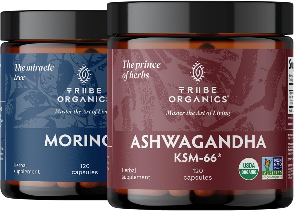 TRIBE ORGANICS Endurance Duo: Organic KSM-66 Ashwagandha + Organic Moringa - Vegan Capsules - 2 måneders forsyning - Brain Function, Fokus, Mood Support, Energi og Styrke