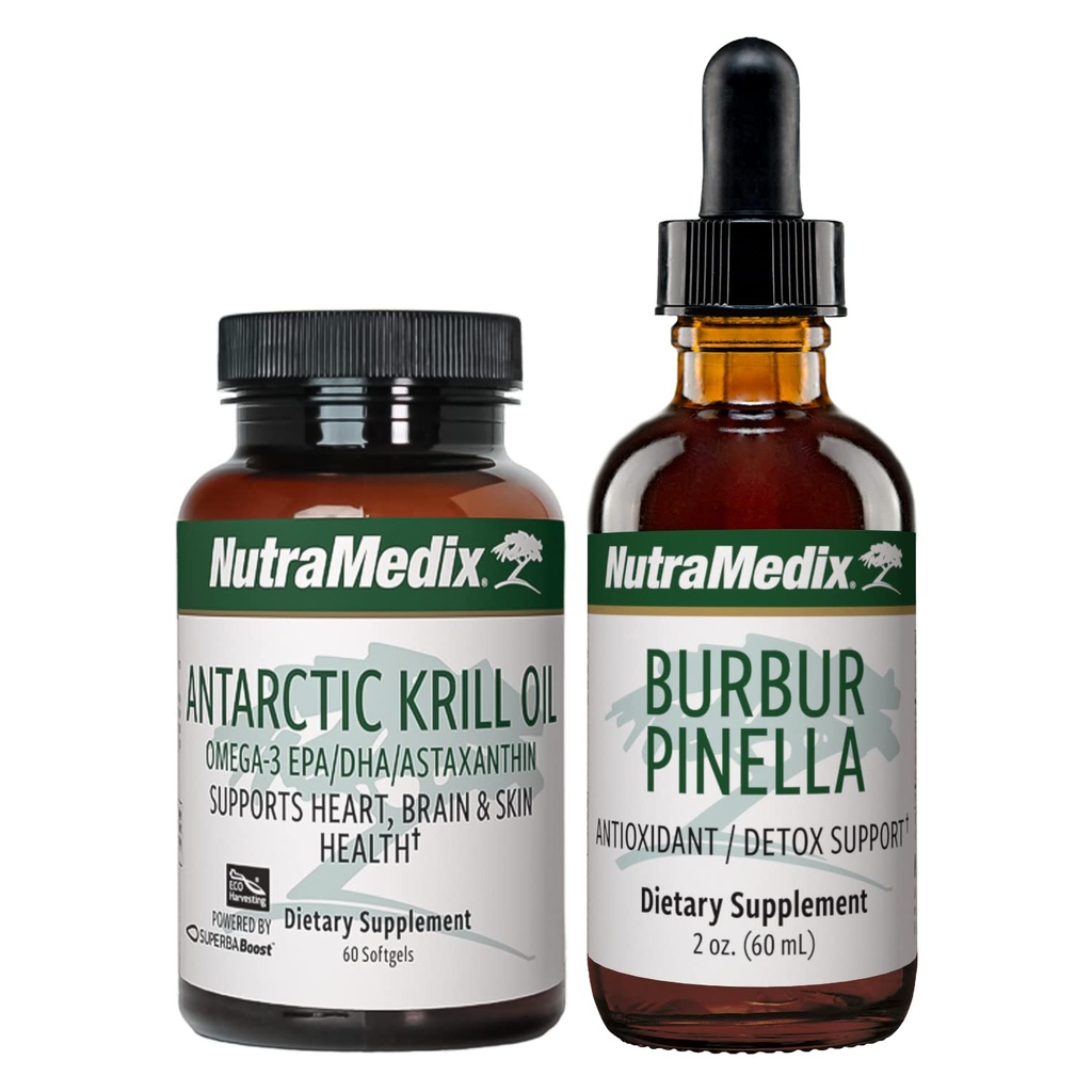 NutraMedix Brain Support Bundle - Inkluderer Artic Krill Oil Softgels og Burbur Pinella flytende dråper for kognitiv helse, detox og hjerne støtte - 2- Piece Supplement sett for kognitiv støtte