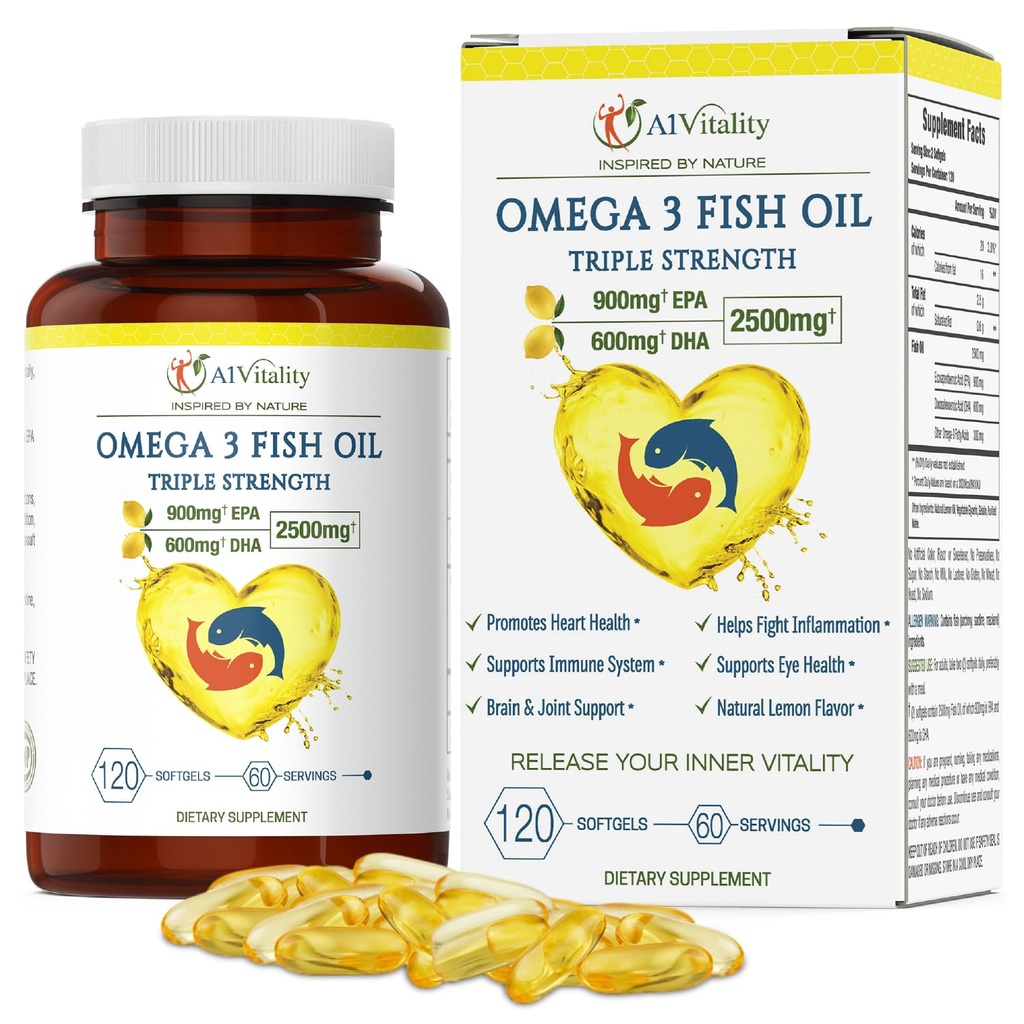 Omega 3 Triple Styrke EPA DHA Supplement - 2500mg sitron flavored Burpless Fish Oil - høy styrke 900mg EPA 600mg DHA støtter sirkulasjon, hjerne, hjerte, øye, hud, bein og ledd - 120 Softgels