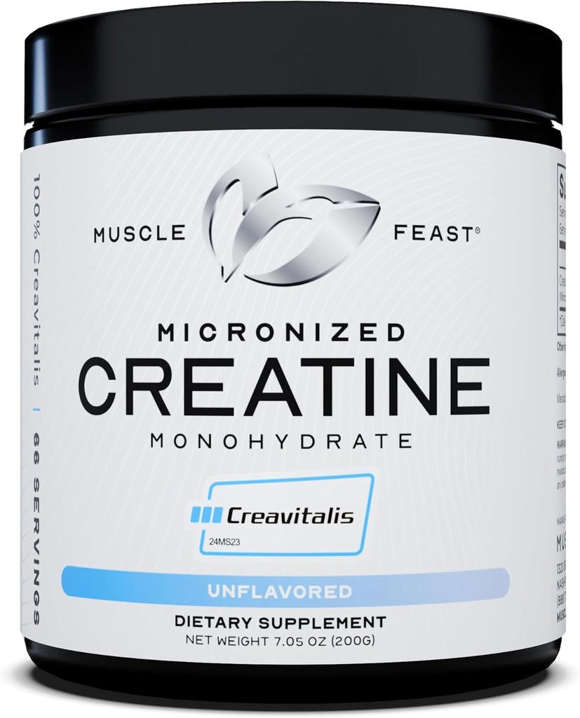 Muskelfest Kreativalis Mikronisert Kreatinmonohydratpulver | Premium Pre-Workout eller post-Workout | Lett å blande, Glutenfri, Safe og ren, Kosher Certified (200g | 66 Serveringer), Uslavored