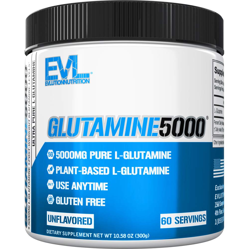 Pure Vegan L-Glutamine Powder Supplement - Evlution Nutrition Nitric Oxide Booster 5g L Glutamin Supplement for post trening gjenoppretting Forbedret pumper Gut Helse Energi og immunitet - Uslavored