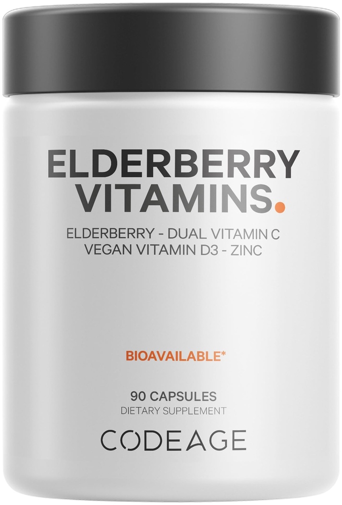 Codeage Elderbær vitaminer - Økologisk Fermentert Elderbær blanding, Vitamin C fra Askorbinsyre & organisk Acerola Cherries, vitamin D3, sink, Sambucus Berries - 90 kapsler