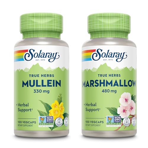 SOLARAY Mullein Leaf 330 mg og Marshmallow Root 480 mg - Velvære Bundle - Urter Høyt i Mucilage Oppløselig Fiber for Soothing Support - Vegan, ikke-GMO, Lab verifisert, 60-dagers garanti, 200/100 VegCaps