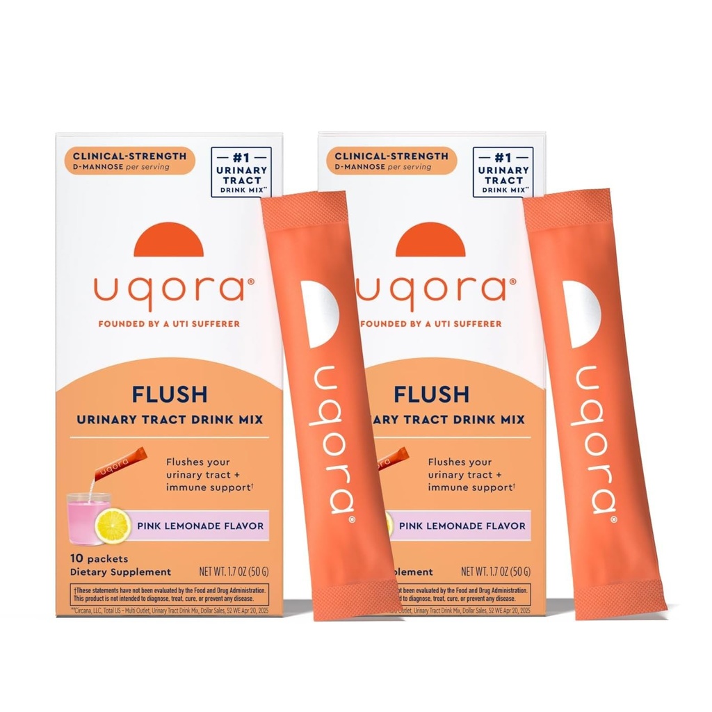 Uqora Flush - Urin Tract* med D-Mannose, Vitamin C, Vitamin B6, Kalium, magnesium og kalsium - Glutenfri & Vegan - Rosa Lemonade Flavor - 20 Pakninger (2 Pack)
