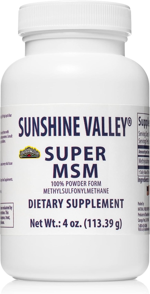 Sunshine Valley® Super MSM Supplement - Methylsulfonylmetan MSM Crystals pulver for felles støtte, negler, hår og hud helse - 100% ren pulver, uflavorert, kosttilskudd - 4 oz