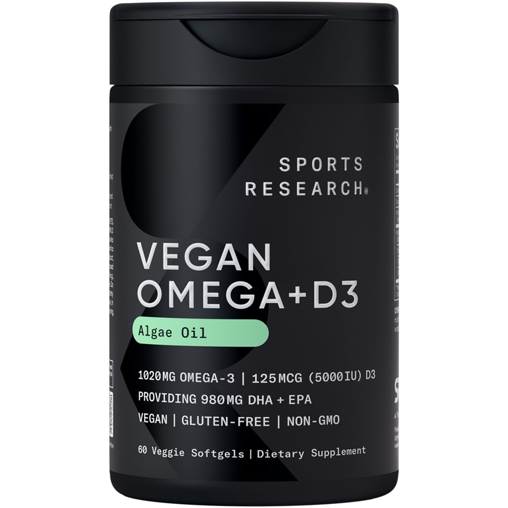Idrettsforskning Vegan Omega-3 med vitamin D3 Softgels - 1020mg Omega-3 & 5000iu D3 Supplement - Fiskeoljealternativ med vitamin D Plantebasert støtte fra Algae Olje - 60 Veggie Softgels for voksne