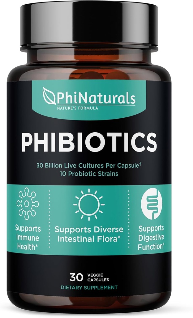 PhiNaturals Høy potens Probiotika 10 Strains 30 milliarder CFUs [30 veganske kapsler] for kvinner og menn Digestive Gut helse - Lactobacillus Acidophilus Salivarius Rhamnosus Bifidobacterium Probiotos