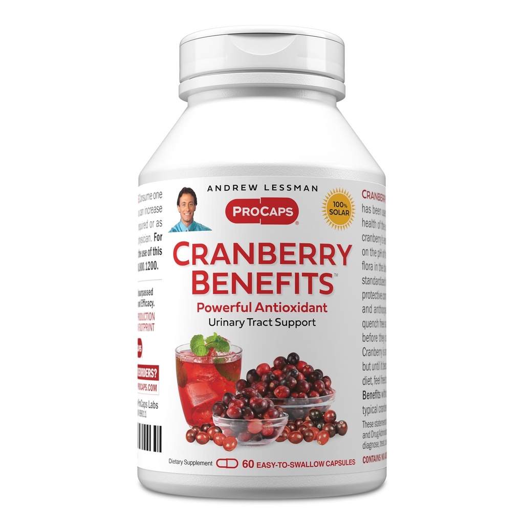 ANDREW LESSMAN Cranberry Fordeler - 60 Kapsler - Støtter Blader, Nyre og Urin Tract Helse. Høy styrke standardisert ekstrakter av tranebærfrukt, liten lett å svelge kapsler