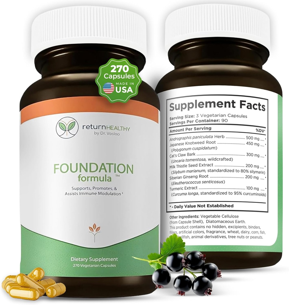 Foundation Formula | Tick Immune Support Supplement | med japanske Knotweed Root, kattens klo, Melke Thistle | Resveratrol Supplement | Ikke-GMO, all-naturlig og vegetarisk, 270 kapsler