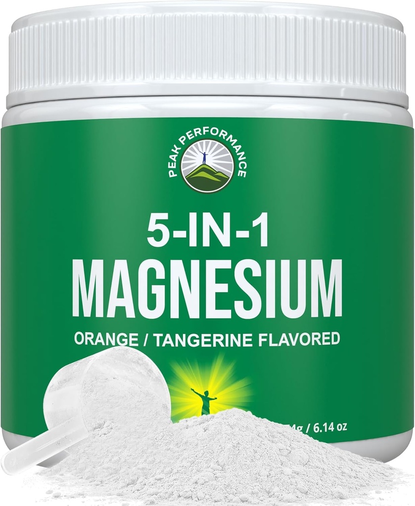 5-i-1 Magnesium pulverdrikk til kvinner og menn. Magnesium Glycinat + Citrat + Malat + Chelate + Taurat. Great Tasting Vegansk Supplement for muskelavslapning, søvn, cramps. Orange Flavor
