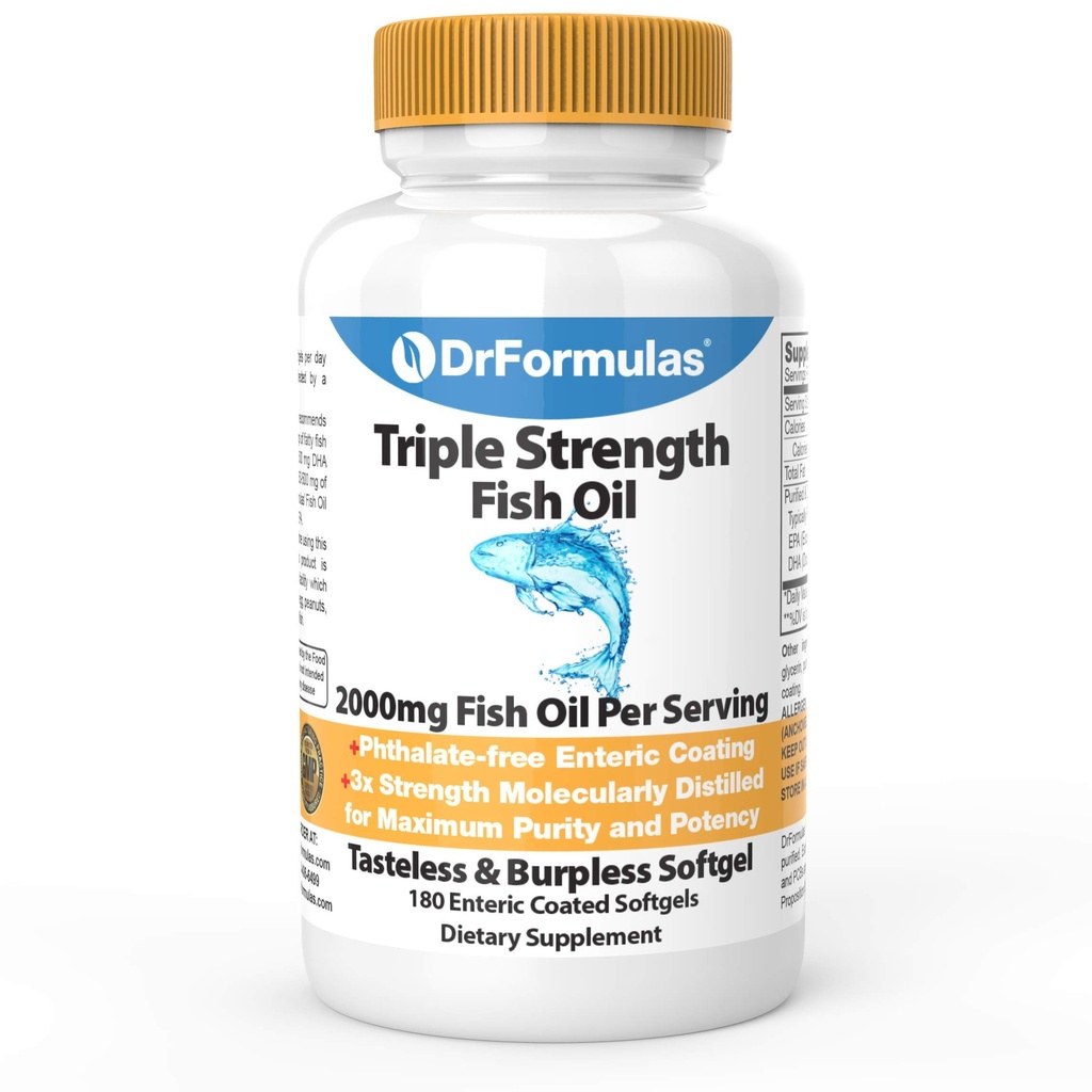DrFormulas 2000mg trippel styrke Omega 3 Fish Oil med EPA og DHA, 180 Burpless Softgels