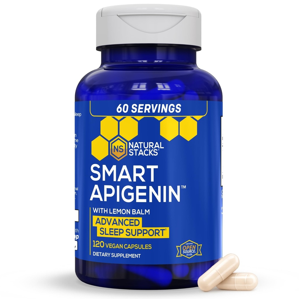 NATURAL STACKS Apigenin Supplement for søvn - 50mg Apigenin & 600mg Lemon Balm - Melatonin Free Sleep Aid - med Passion Blomster Ekstrakt for stress støtte * - 120 Lemon Balm Kapsler