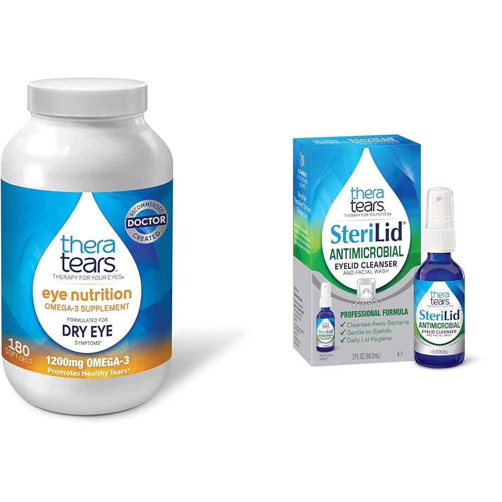 TheraTears 1200mg Omega 3 Supplement for Eye Nutrition, Økologisk Flaxfrø Triglyserid Fiskeolje og vitamin E, 180 Count & SteriLid Eyelid Cleanser og ansiktsvask, for irritert øyne, 2 fl oz Spray