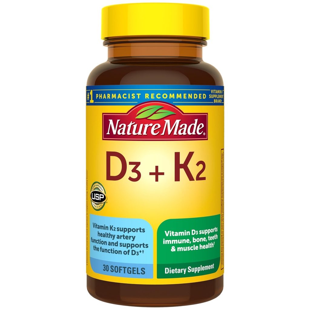 Naturlaget vitamin D3 K2 Supplement, 5000 IU (125 IU) Vitamin D for bein, tenner, muskel og immunstøtte, 30 D3 og K2 Softgels, 30 dagers forsyning