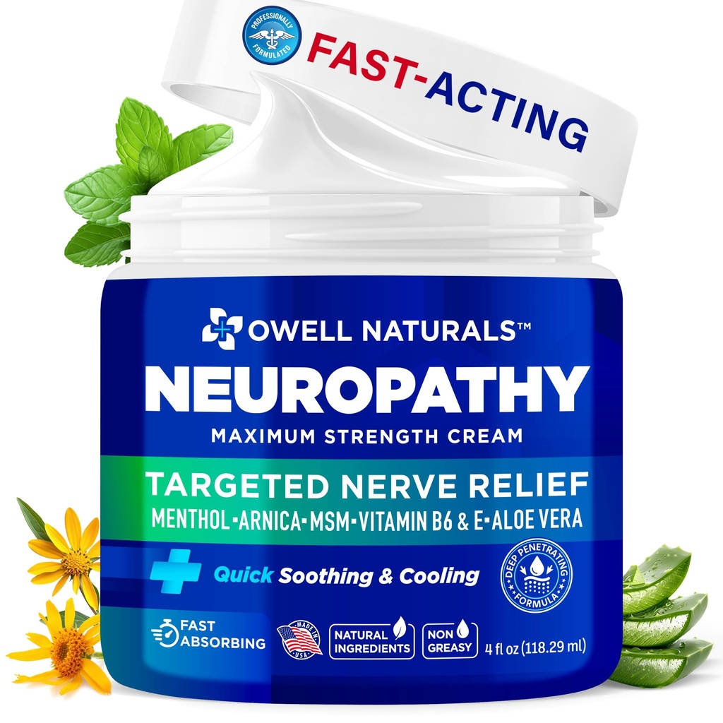OWELL NATURALS Neuropathy Cream Ekstra styrke Nerve Relief Krem for fot, hender, ben, tær med Arnica, Vitamin B6, Aloe Vera, MSM - laget i USA