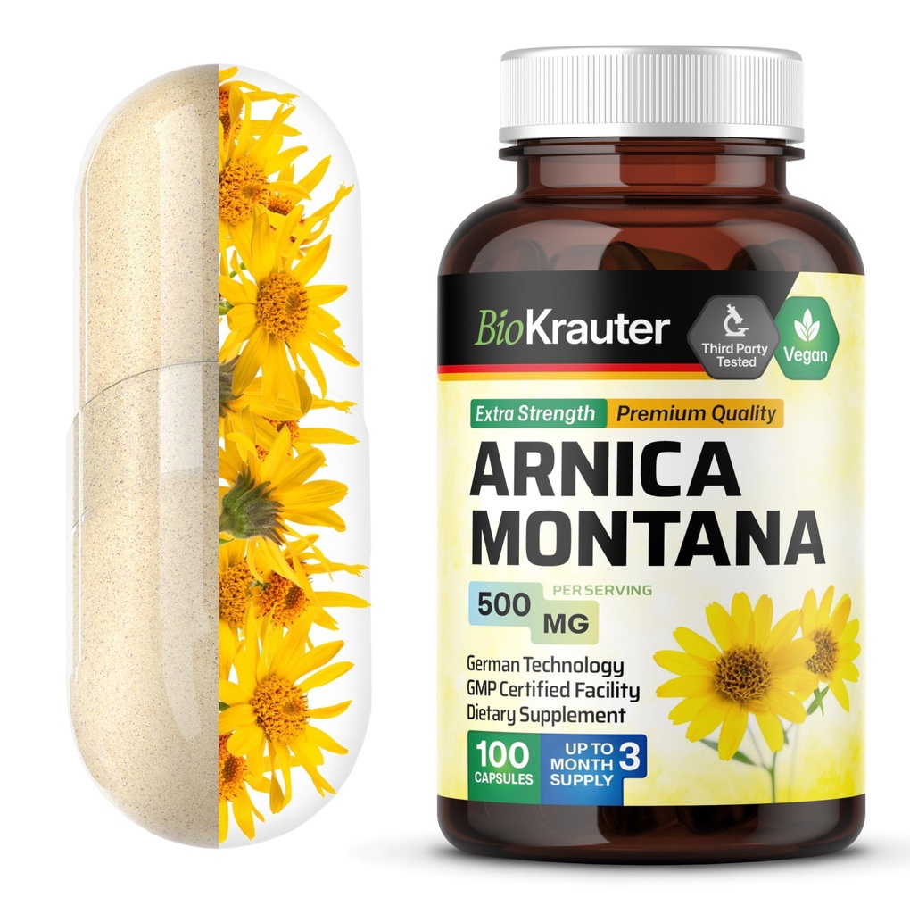 BIO KRAUTER Arnica Montana Capsules - 500 mg Arnica Capsules for bruk og svelging - Vegan - 100 greve