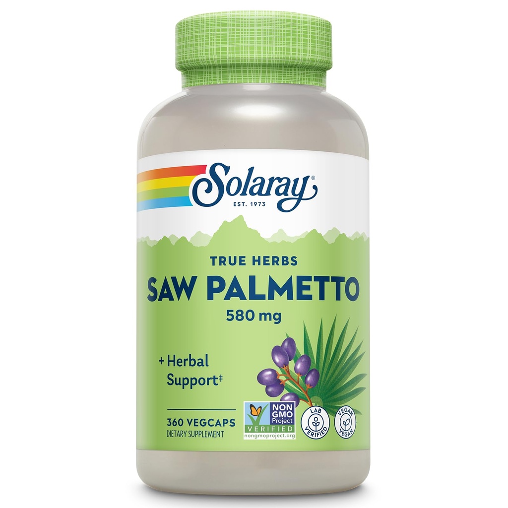 SOLARAY Sag Palmetto Berries 580 mg - Prostata Supplements for menn - Prostata Helse, Urin Tract Support, Hår Helse, w/Fatty Acids og Plantesteroler, Vegan, 60-dagers garanti, 360 Vegkaps