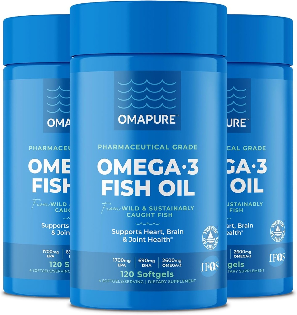 OMAPURE Fish Oil Supplements med Omega 3 fettsyrer (3 flasker, 120 softgels) - høy EPA, DHA, & IFOS fiskeolje piller støtte hjerte og felles helse - Burpless Fish Oil fremmer hjernefunksjon