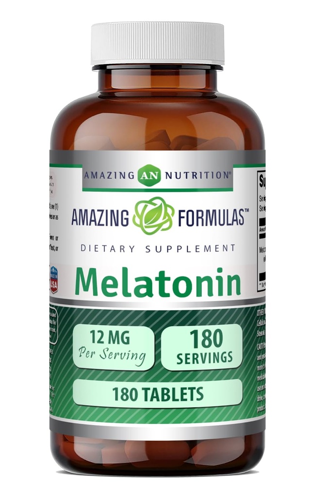 Amazing Formler Melatonin Supplement | Unflavored | 12 Mg Per Serving | 180 Tabletter | Ikke-GMO | Glutenfri | laget i USA