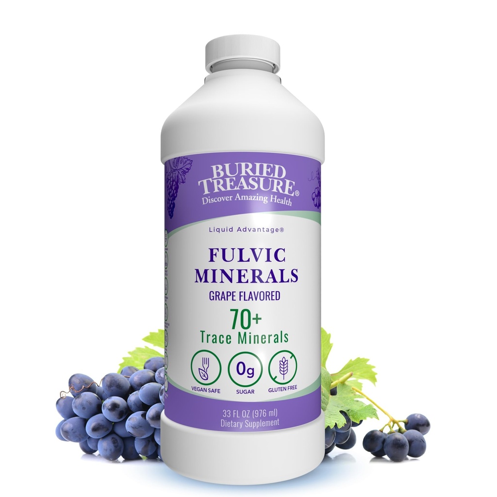 Begravet skatt Fulvic Minerals Grape Flavored - Colloidal Minerals fra Humic Fulvic Acid, Electrolytes fra Trace Minerals for Recovery and Wellness Support. Legg til i vann – 32 serveringer