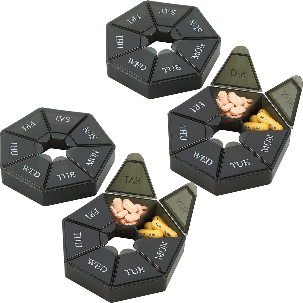 Ukelig Pille Arrangør - (Pack of 4) 7-dagers Pille Container - Arthritis Vennlig Portable & Compact Travel Case Daglig sammenligning medisin piller boks for kosttilskudd, medisinering, vitaminer og fiskeoljer