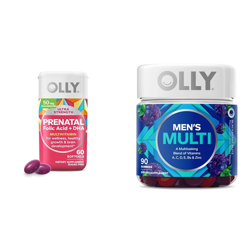 OLLY Prenatal Multivitamin Softgels og menns multivitamin Gummy vitamins Bundle, 60 og 90 greve