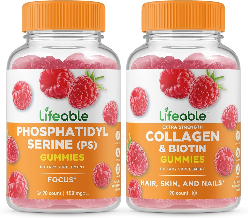 Livlig fosfatidyderin (PS) + kollagen & Biotin, Gummier Bundle - Flott Tasting, vitamin Supplement, Glutenfri, GMO Free, Chewable Gummy