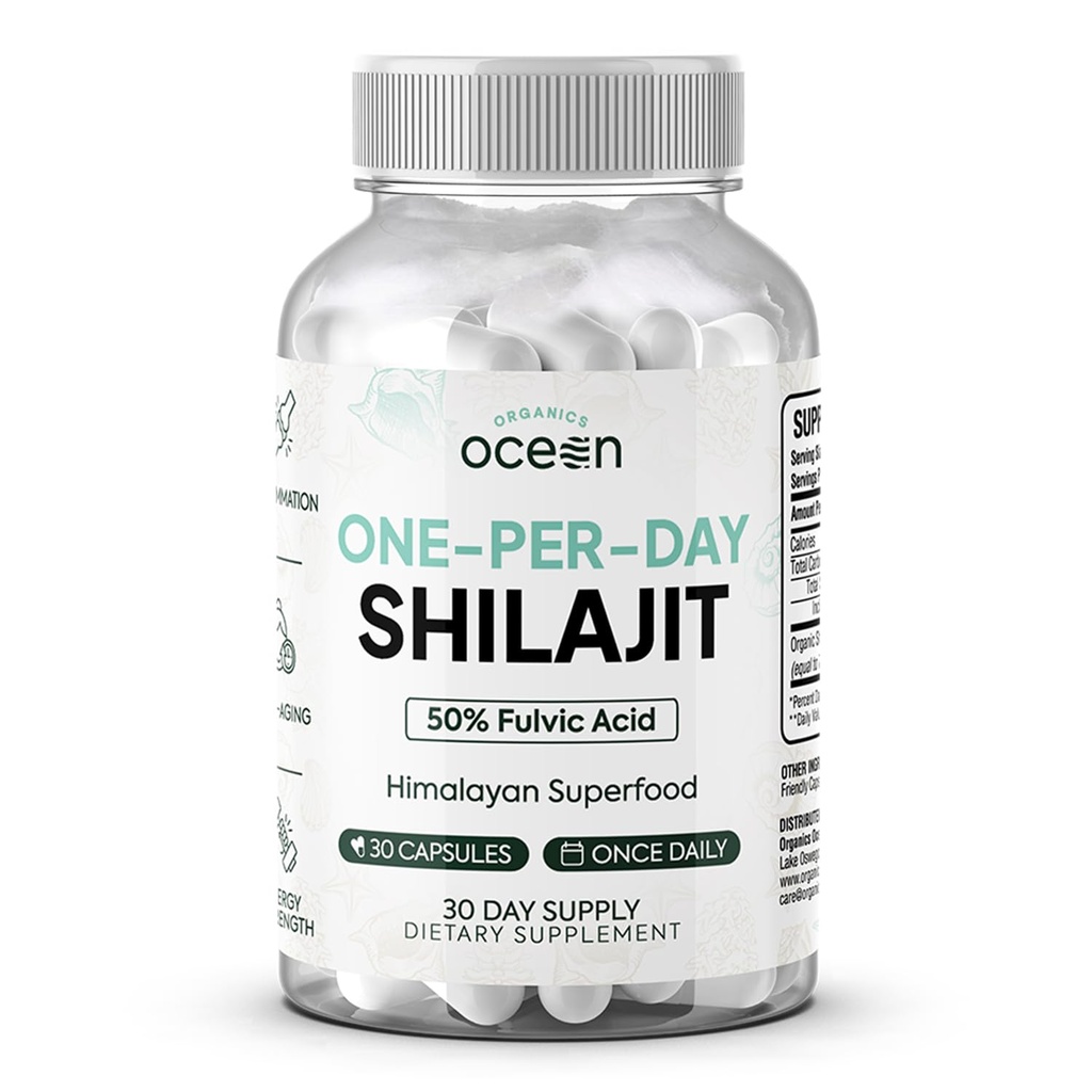 Organics Ocean One-Per-Day Shilajit for menn og kvinner - Naturlig Shilajit Supplement for aldersforsvar, bein styrke, hormon støtte og mer - 30 Shilajit Kapsler