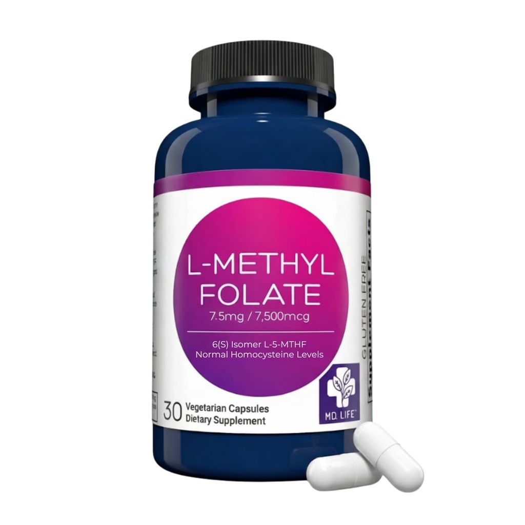 MD Life L-metylfolat 7,5 mg Supplement - Professional-Grade Active L Metylfolat Supplement - 30 kapsler - L-metylfolat 7,5 mg - Maksimal styrke MTHFR W / essensielle Aminosyrer