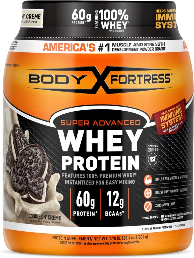 Body Fortress Super Advanced Whey Protein pulver, Cookies N' Creme, 60g Protein & 12g BCAA Per 2 Scoops, Muskel Gain & Recovery, Immunstøtte med vitaminer C & D, 1.78lbs (Packing May Vary)