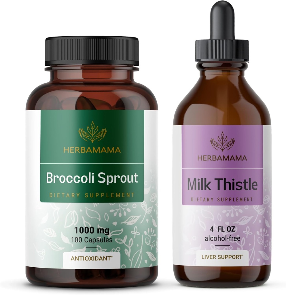 HERBAMAMA Broccoli Sprute og Melk Thistle Kit - Bundle på 1000 mg Broccoli Sprout kapsler & Melke Thistle Extract 4 fl oz - Vegan, ikke-GMO, sukker og alkohol-fri - 2 pakke