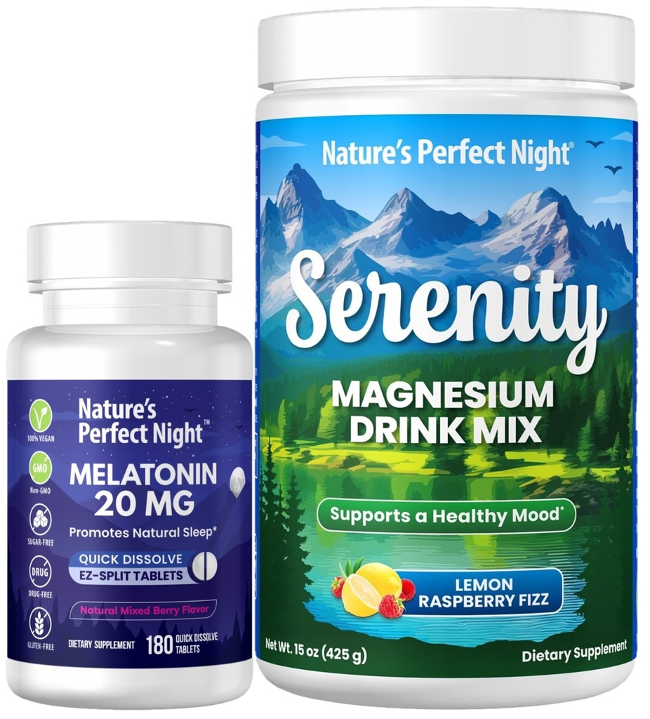 Naturens perfekte natt melatonin 20 mg raskt oppløsning blandet Berry 180 telle med serenity magnesium pulver 15 oz sitron bringebær