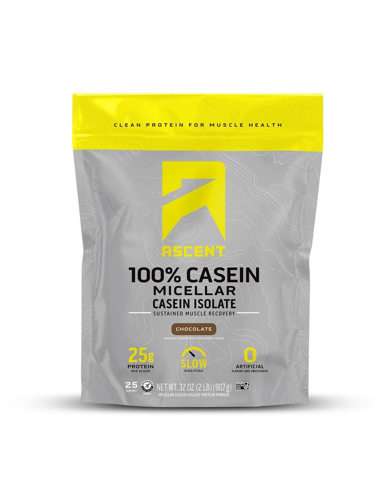 Ascent Casein Protein pulver - 25g Micellar Casein pulver med null kunstige flavors & søtstoffer, Glutenfri, Ingen tilsatt sukker, 4,9 g BCAA, 2,2 g leucin - sjokolade, 2 pund
