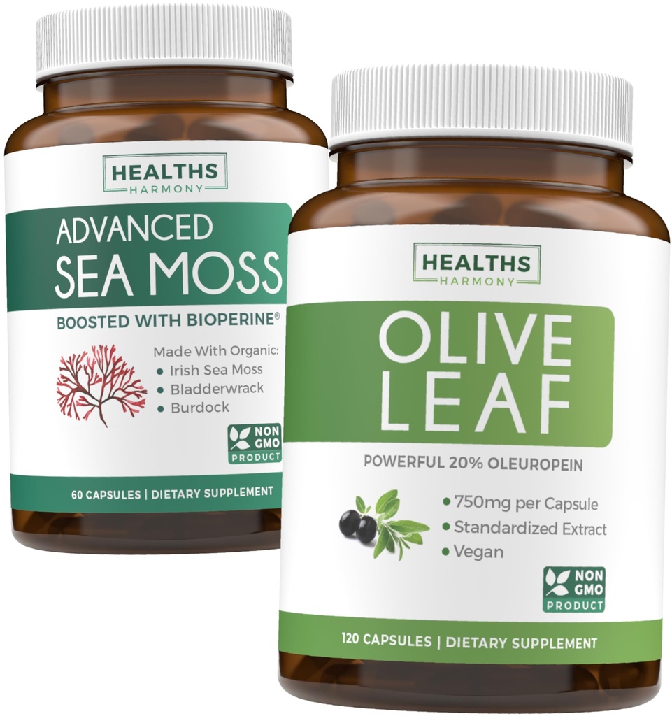 Hav Moss & Olive Leaf Extract (1-måneders forsyning) Olive Moss Blend - Økologisk Irsk Hav Moss - Rå Vegansk Supplement (60 Caps) & Olive Leaf Ekstrakt Super Styrke: 20% Oleuropein - Vegetarisk (120 Caps)