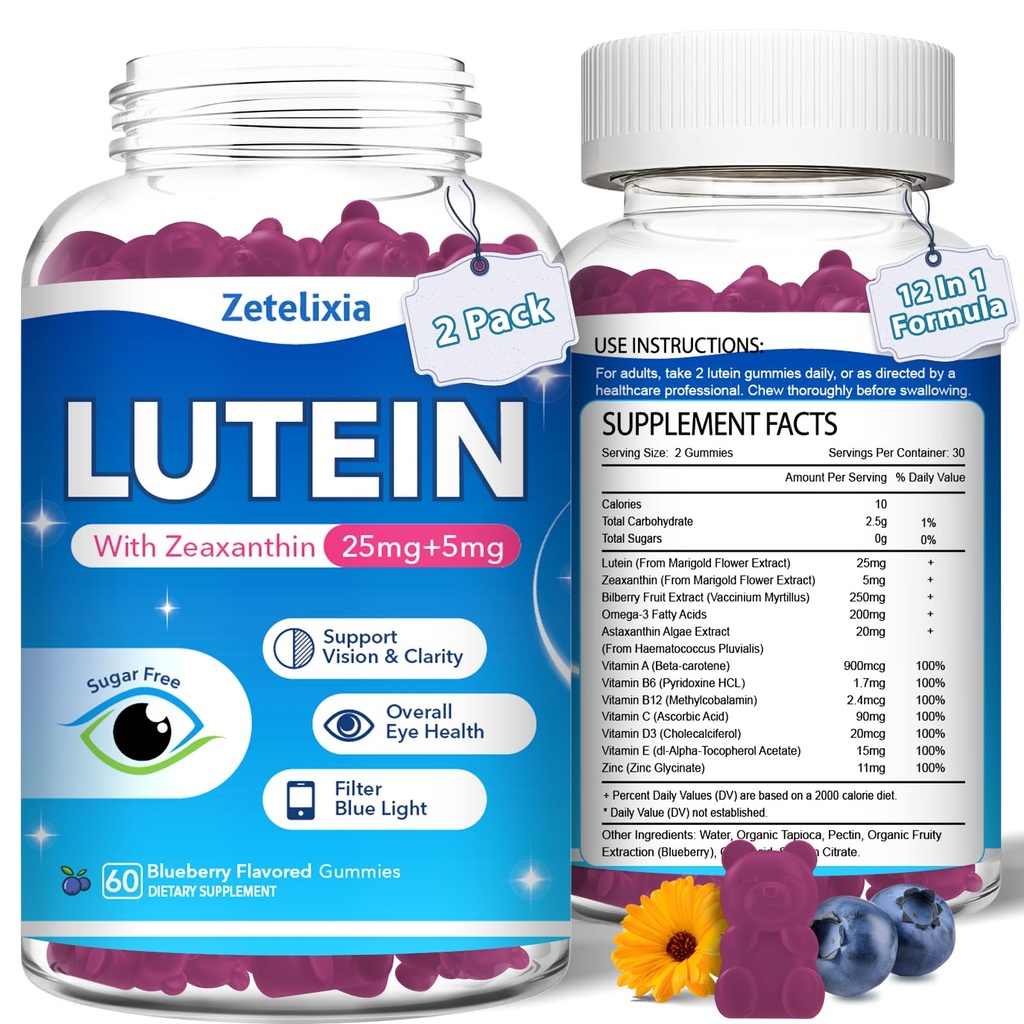2 pakke lutein gummier, 12 i 1 lutein og Zeaxanthin kosttilskudd Øyevitaminer Gummier for voksne, øye helse Supplement med flere vitaminer for å fremme øye og visjon - 120 gummier