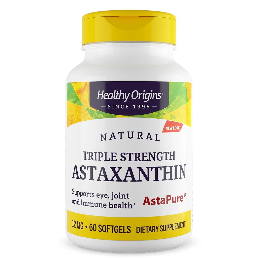 Sunn opprinnelse Astaxanthin 12 mg (Naturlig, Astapure, Triple Styrke, Ikke-GMO, Glutenfri, Eye Support, Fellesstøtte, Immunstøtte), 60 Softgels