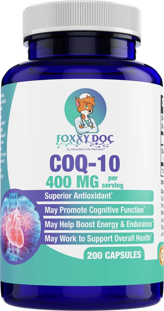 CoQ10 400 MG Per 2 Caps - Ubiquinon - Utmerket verdi - hjerte, hjerne og cellesupplement - Energistøtte - 200 Caps i flaske - av Foxxy Doc
