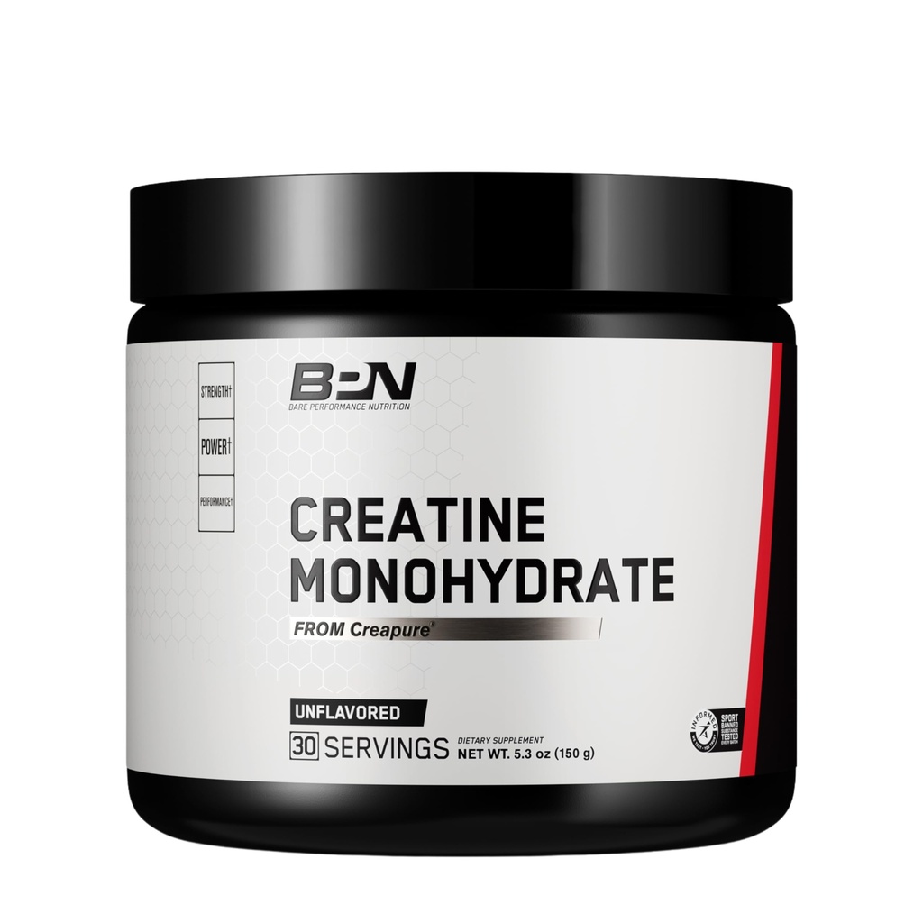 BARE PERFORMANCE NUTRITION, BPN ren kreatinmonohydrat pulver ved kreapure, 5 g kreatin per servering, støtter muskelvekst, uflavorert kreatinpulver, 30 serveringer