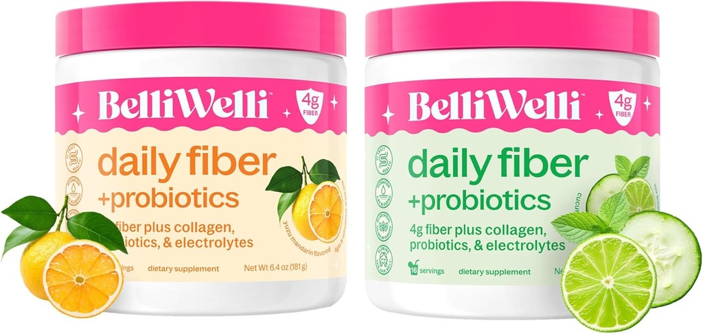 Daglig Fiber Supplement Bundle med lagt til kollagen, probiotika og elektrolytter - Cucumber Lime Mint & Orange Yuzu Mandarin Flavors - Støtter Digestiv helse, Debloating & Hydration - 32 Serveringer Totalt