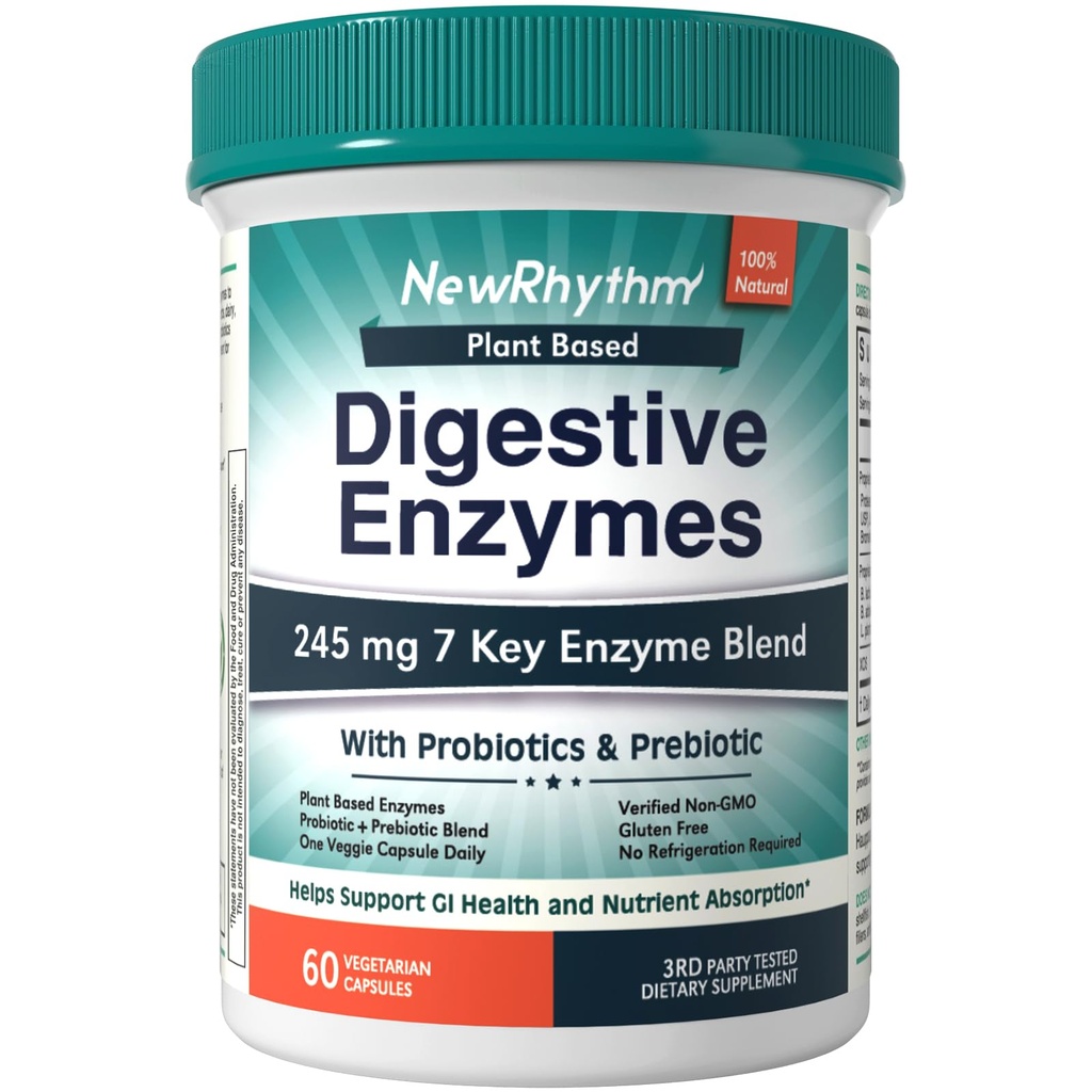 NewRhythm Digestive Enzymer 245 mg, med probiotika og prebiotika, Plant Basert, 7 Nøkkel Enzymer, Digestion, Nutrient Absorpsjon, Protease Amylase & Lipase, 60 Vegan Kapsler