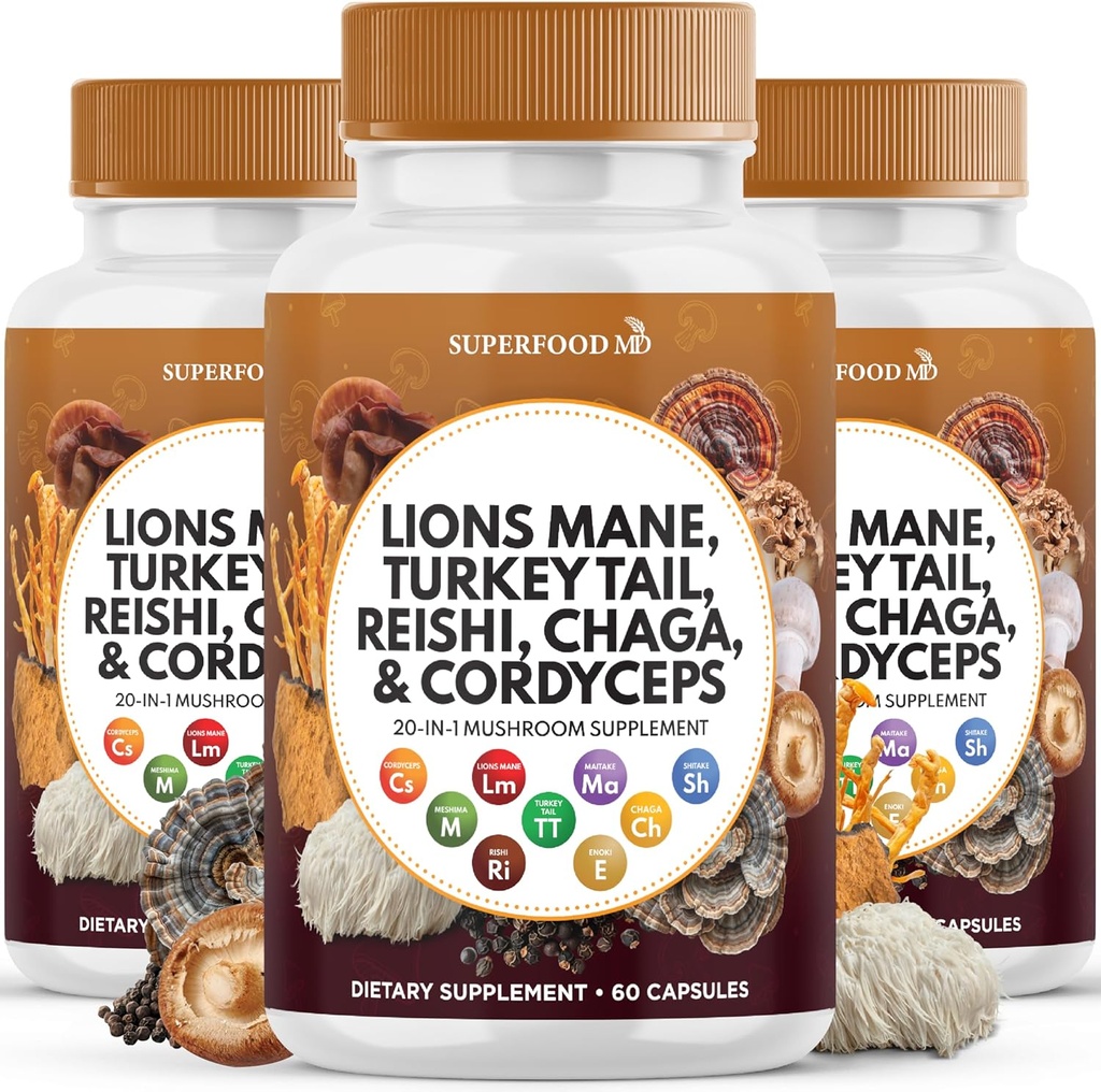 Lions Mane Mushroom Supplement med Tyrkia Tail Reishi Cordyceps Chaga med Marshmallow Root - 180 Count