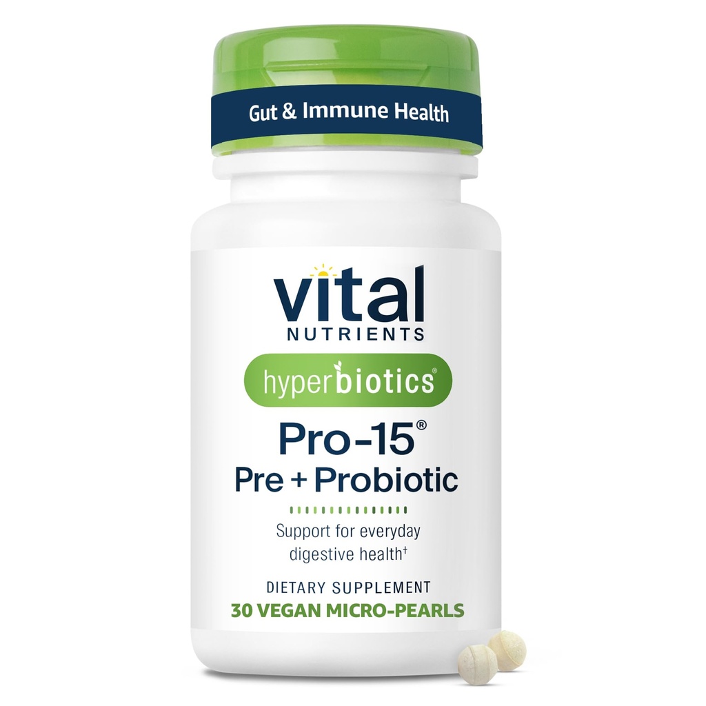 Hyperbiotika Vital næringsstoffer Pro-15 Prebiotika og probiotika for kvinner og menn | 15 vitenskap støttet strimler | Støtter anledningsstivelse, diarrea, gass og utblåsning | 30 Vegan tid release perler