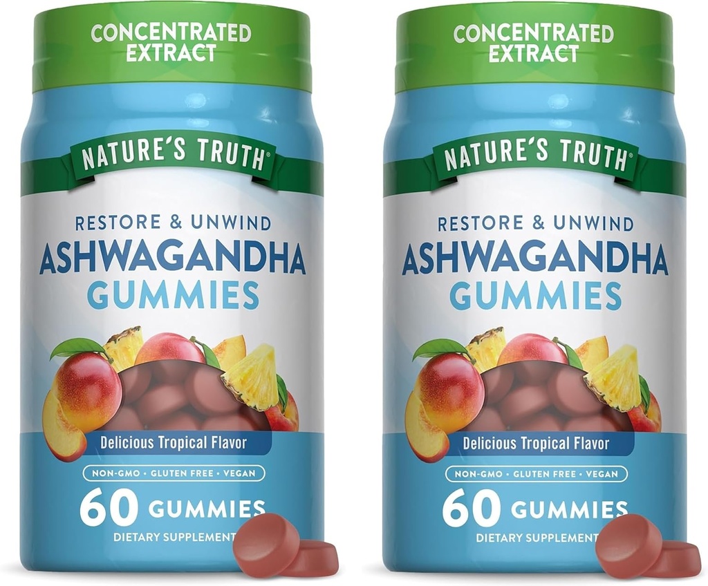 Naturens sannhet Ashwagandha Gummies | 60 Tropical Flavor Gummies | Vegansk, ikke-GMO, & Glutenfri Supplement