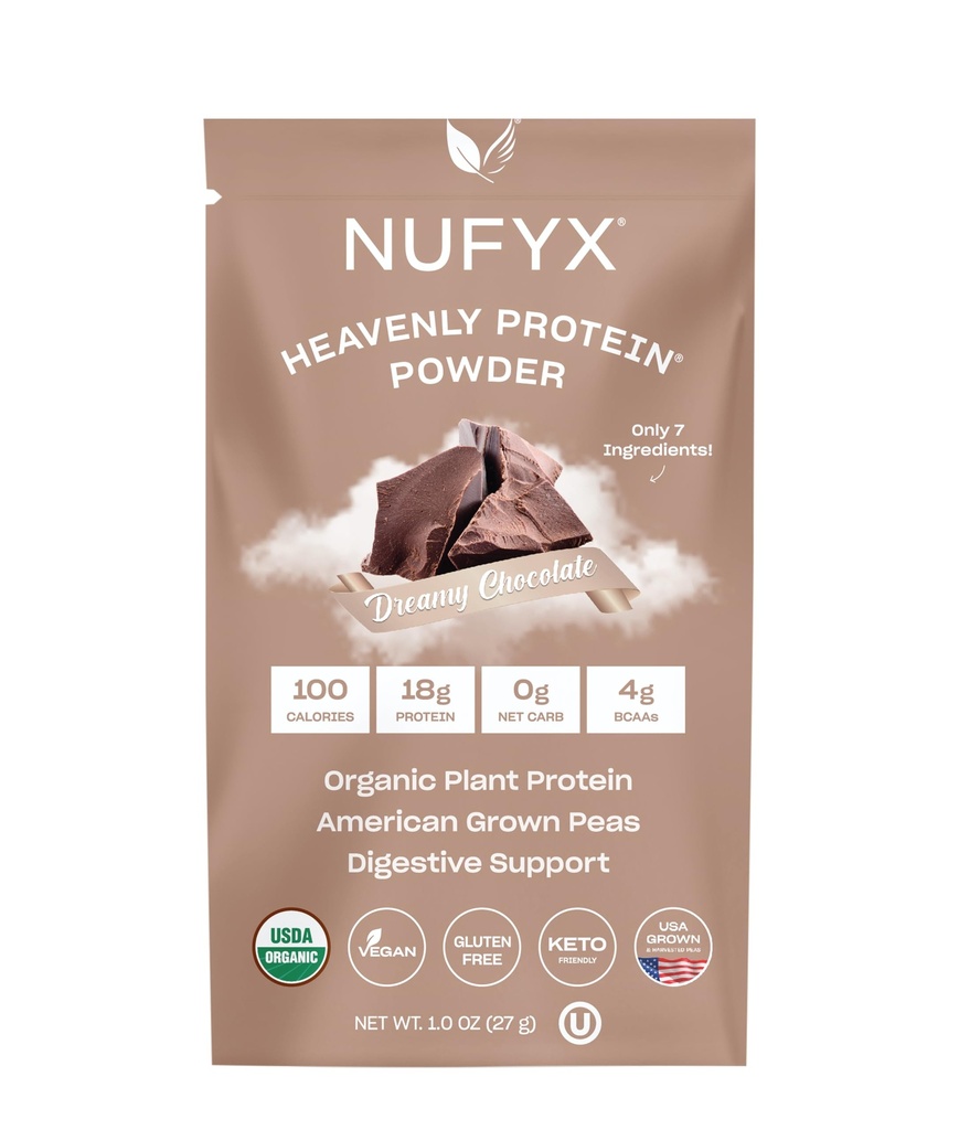 NUFYX® • Heavenly Protein® Powder • Verdens fineste 100% økologiske amerikanske voksende erter • Vegan • Glutenfri • lavkarbohydrat (Dreamy Chocolate, Packet)