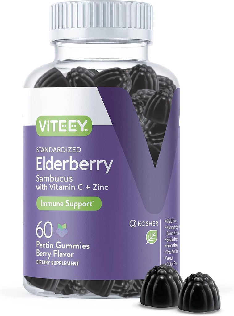 Viteey Sambucus Elderberry Gummies for voksne – Elderberry Vitamin C og sink immunitet Gummies - Vegan, Glutenfri – 60 greve