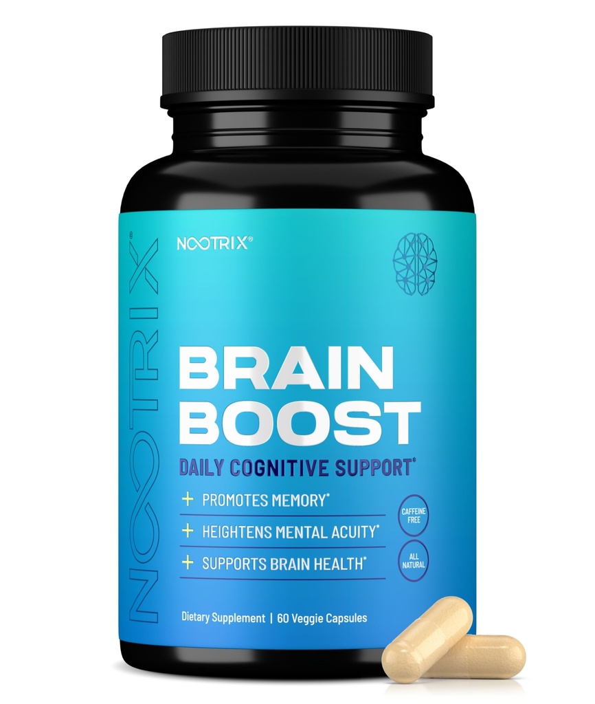 Nootrix Brain Boost Nootropic Supplement | Støtter minne, mental fokus, kognitiv helse og energi | fremmer sunn humør og hjernefunksjon | Ginkgo Biloba & DMAE | 60 Kapsler