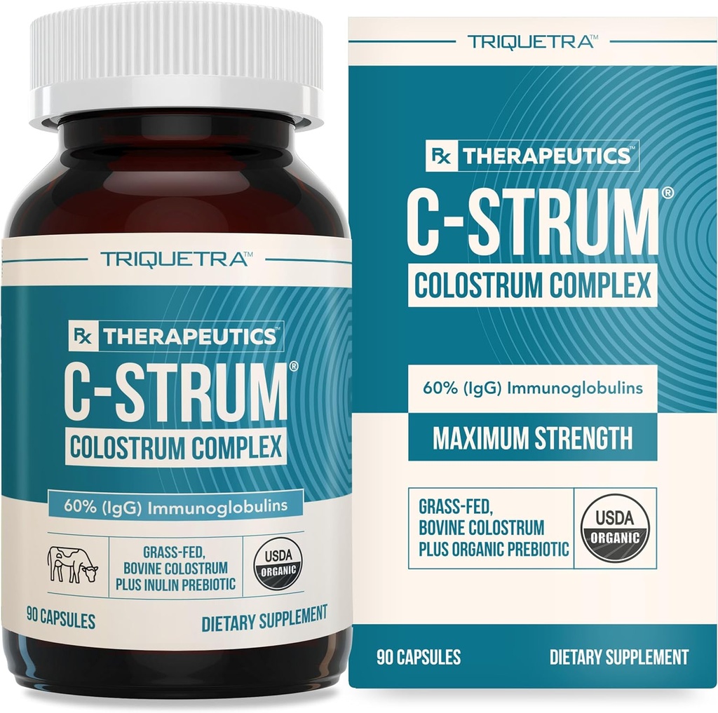 C-Strum® Organic Bovine Colostrum Supplement, 60% igG, første melking, Grass Fed, Max styrke Colostrum Kapsler fra tysk Dairy Cows - Gut, immunitet, hud- og hårstøtte (90 tell)