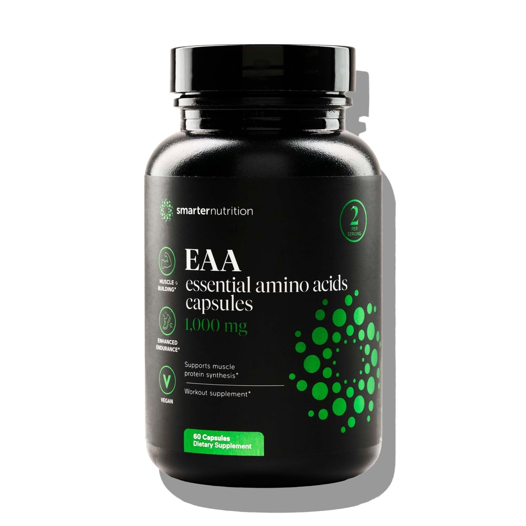 SMARTERNUTRITION Essentielle Aminosyrer (EAA) Kapsler - 1 Gram Per Serving av alle 9 EAA - støtter muskelmasse og trening - Ikke-GMO, Vegansk, Glutenfri - 60 Count[30-dagers Supply]