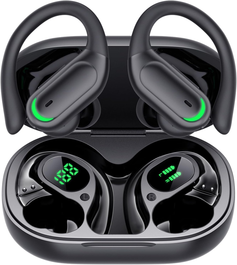 Trådløs ørepropp Bluetooth 5.4 Hodetelefoner, 96hs Playtime, Trådløs ladedeksel LED-skjerm, Over øret hodetelefoner, ENC støystillende, Hi-Fi lyd, IP7 vanntett, for idrettsarbeidere (deep Black)